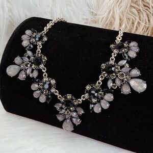 Elegant Black and Silvertone Floral Bling Statement Necklace